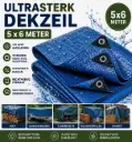 Dekzeil 5 x 6 m, 110 g/m² ultrasterk, 22 ringen, versterkte hoeken, rechthoekig, blauw/groen