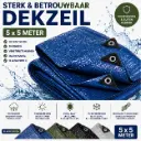 Dekzeil 5 x 5 m, 70 g/m² sterk, 20 ringen, versterkte hoeken, rechthoekig, blauw/groen